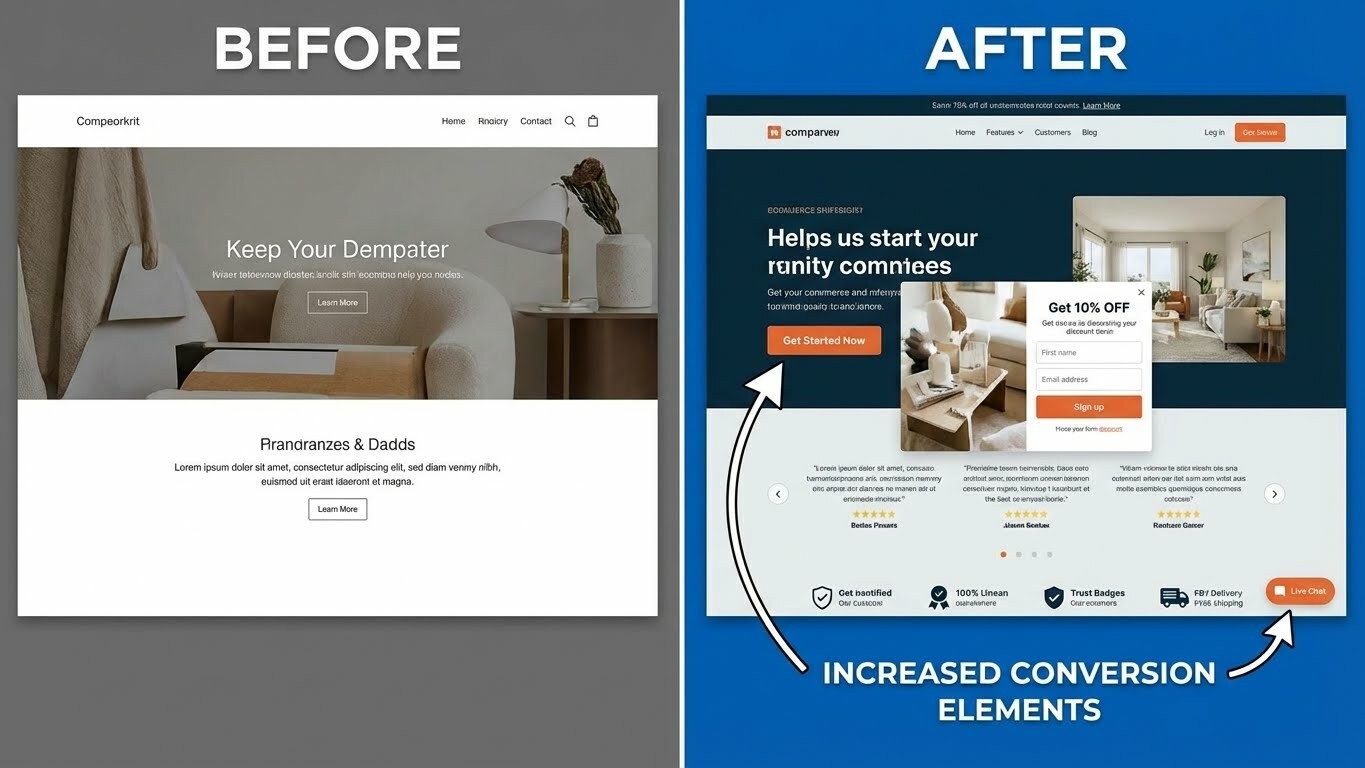 Before and after website transformation showing increased conversion elements