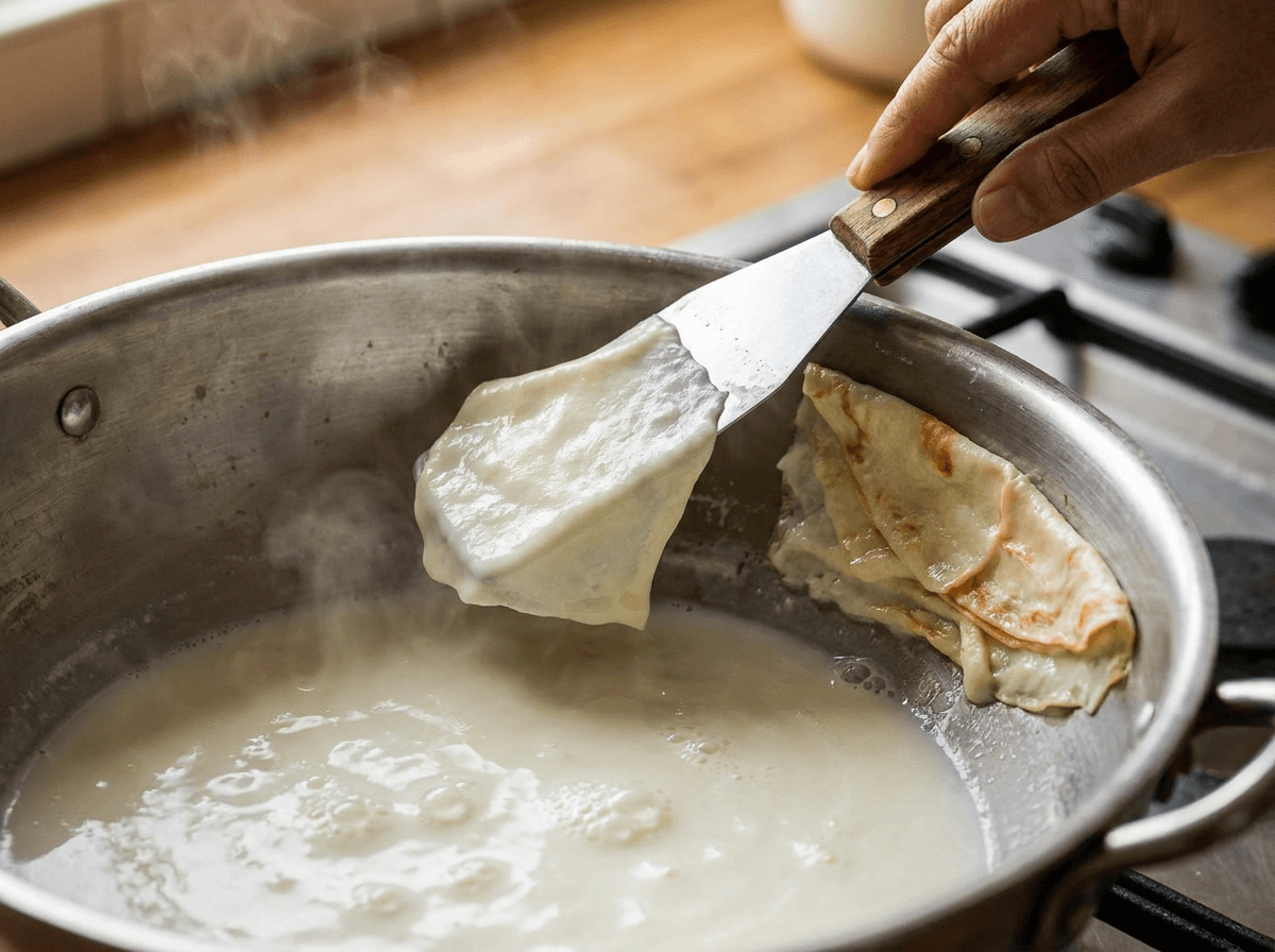 Hand using spatula to collect malai cream layers on pan wall while making Rabdi