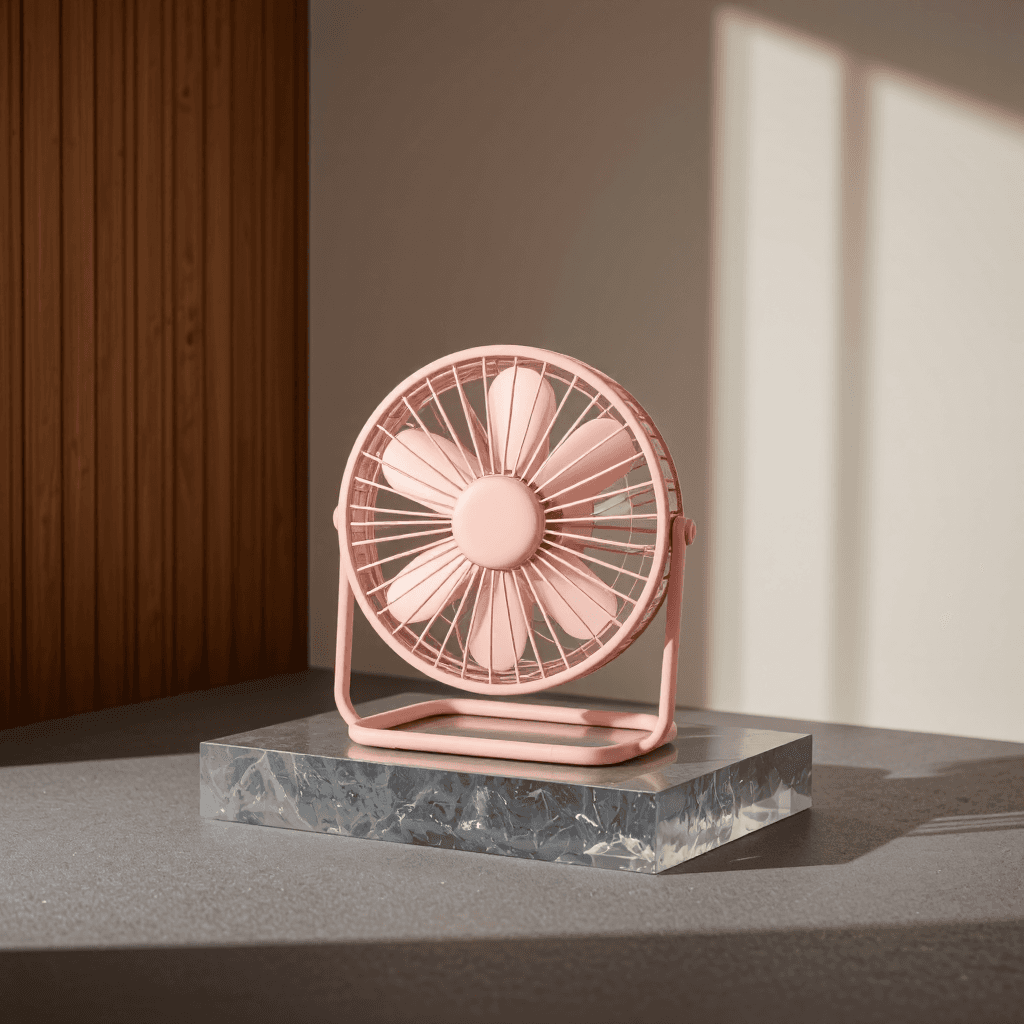 product photography of a portable desk fan
