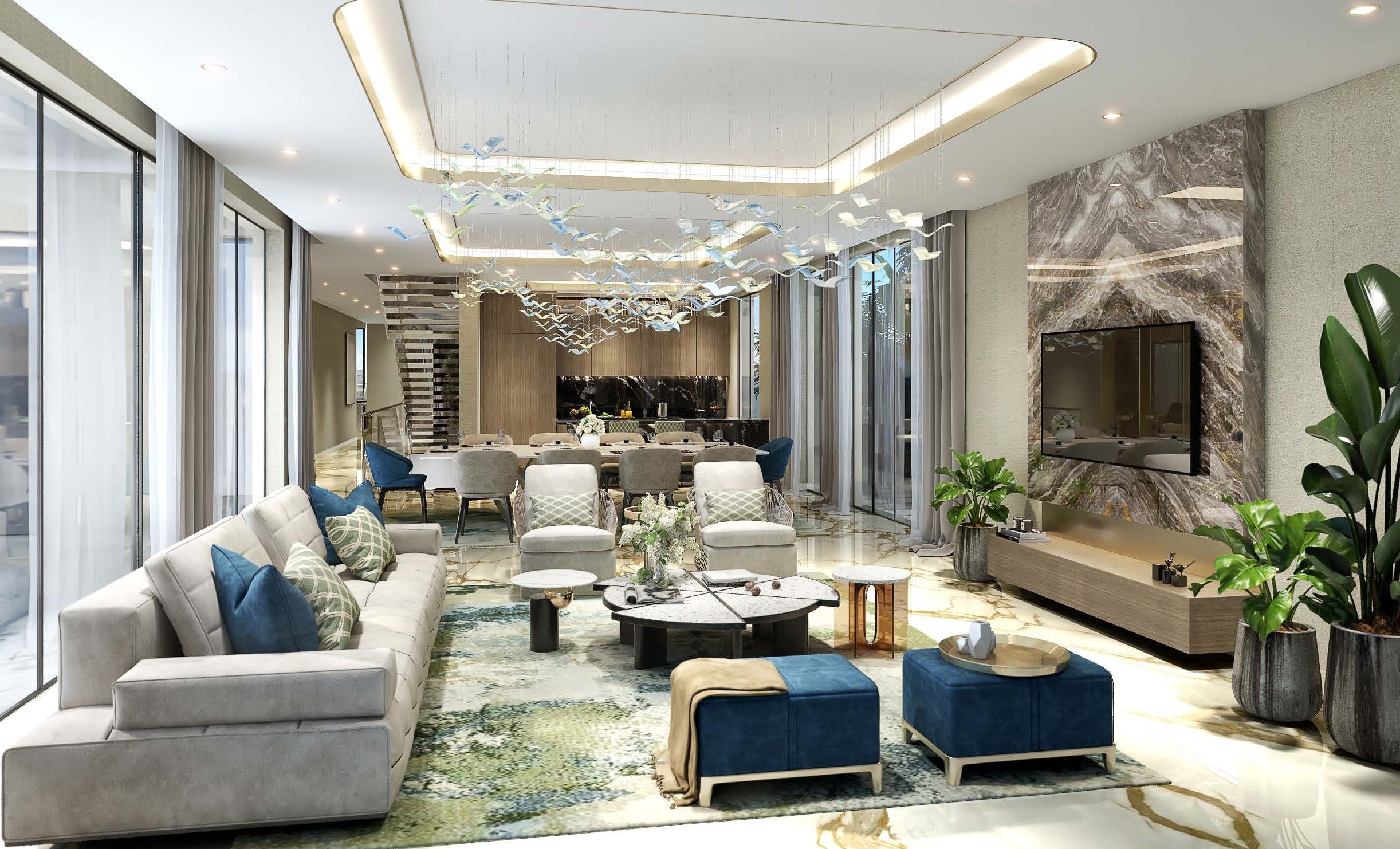 A refined dining room displaying marble flooring and a marble table, inspired by Tahitian style and sophistication.