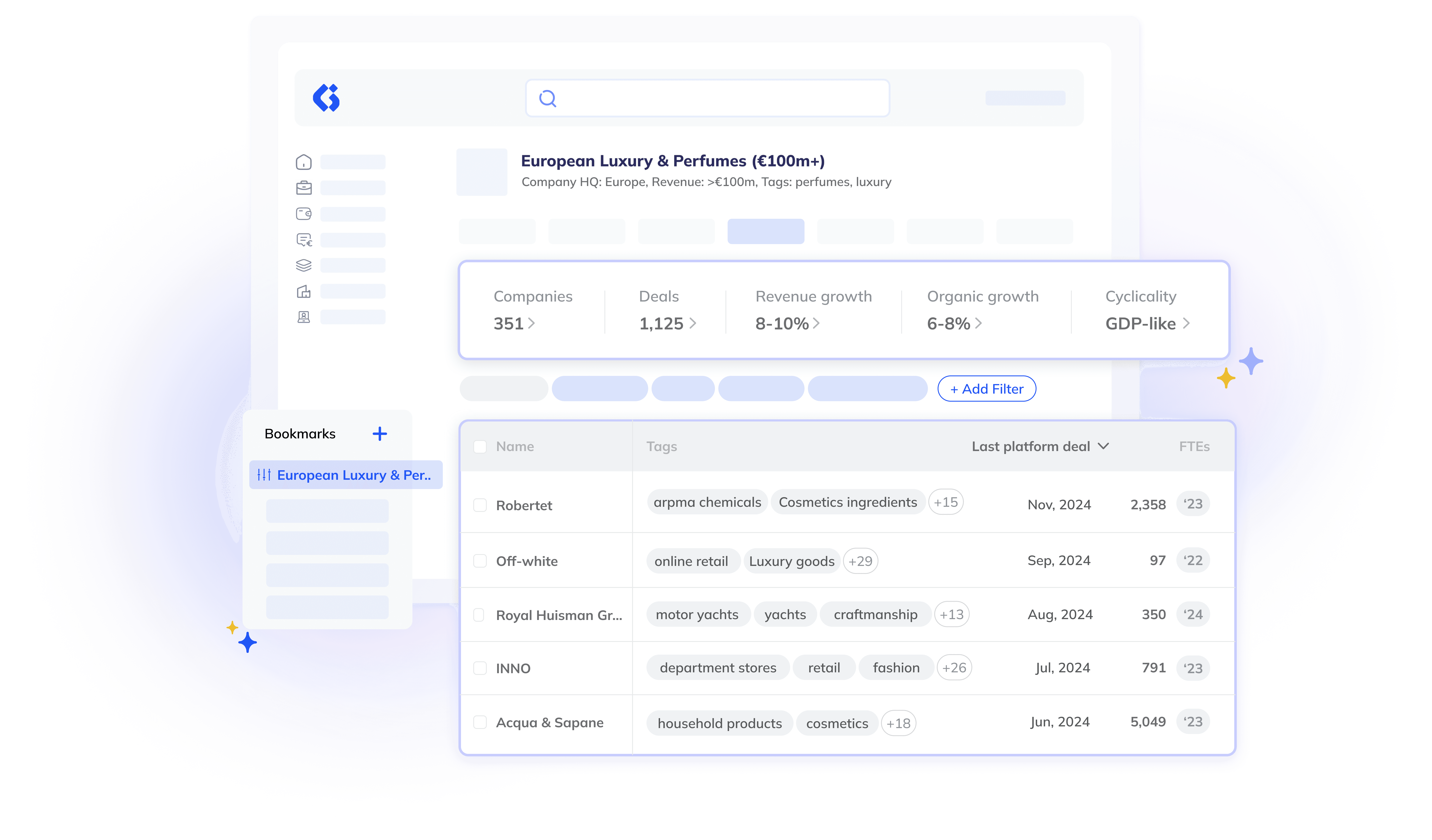 A digital dashboard displays a company list with columns for name, financial metrics, country, and predicted exit year, featuring flag icons and highlighted data.