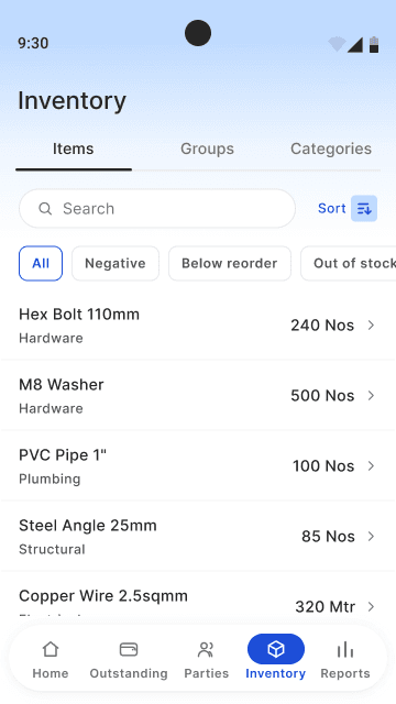 Quanta Inventory screen listing items with stock quantities