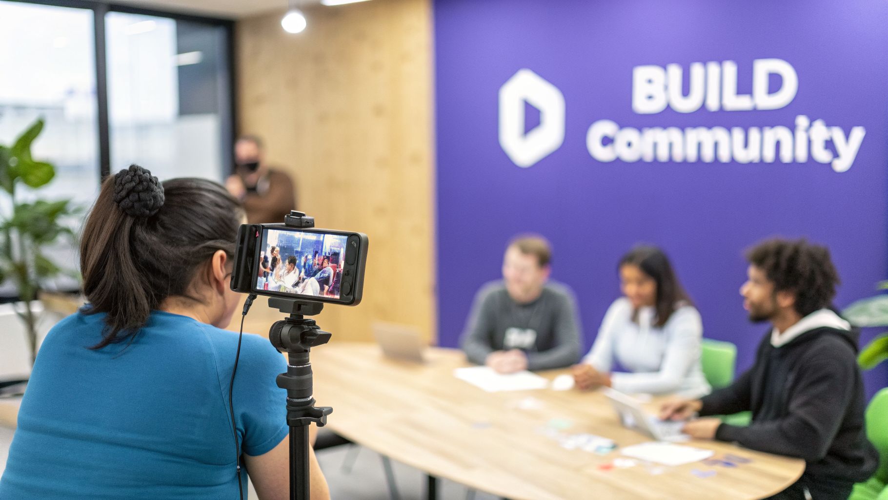 A person films a panel discussion using a smartphone on a tripod, with a 