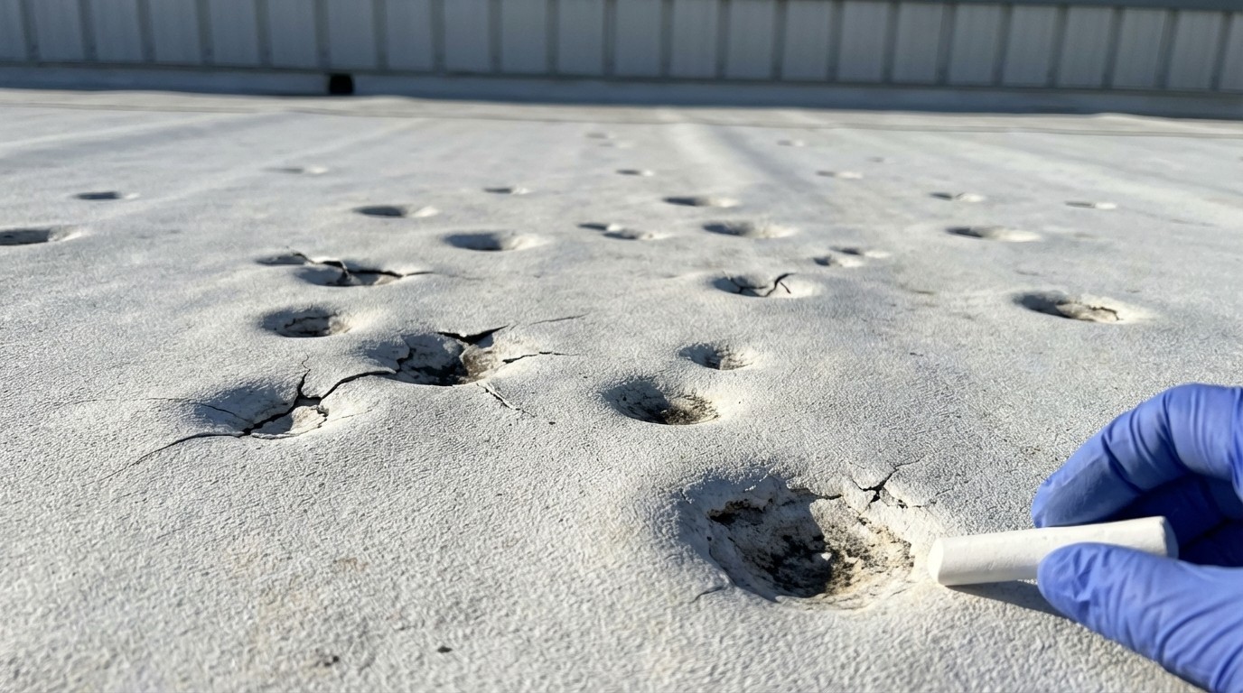 Hail damage on flat roof membrane Chattanooga Tennessee