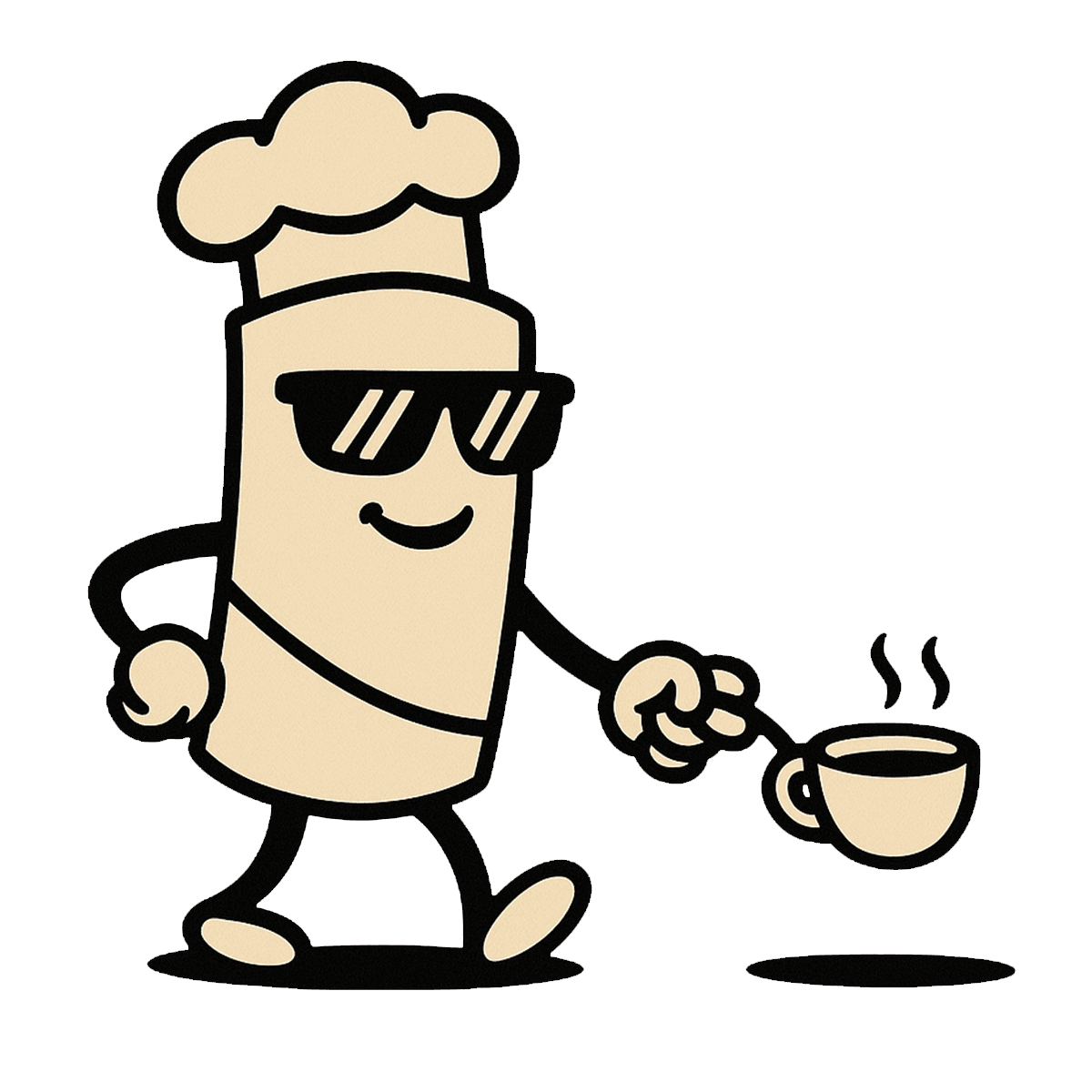Rico Rolls mascot illustration of a cheerful wrap character in sunglasses and a chef hat walking while holding a steaming cup.