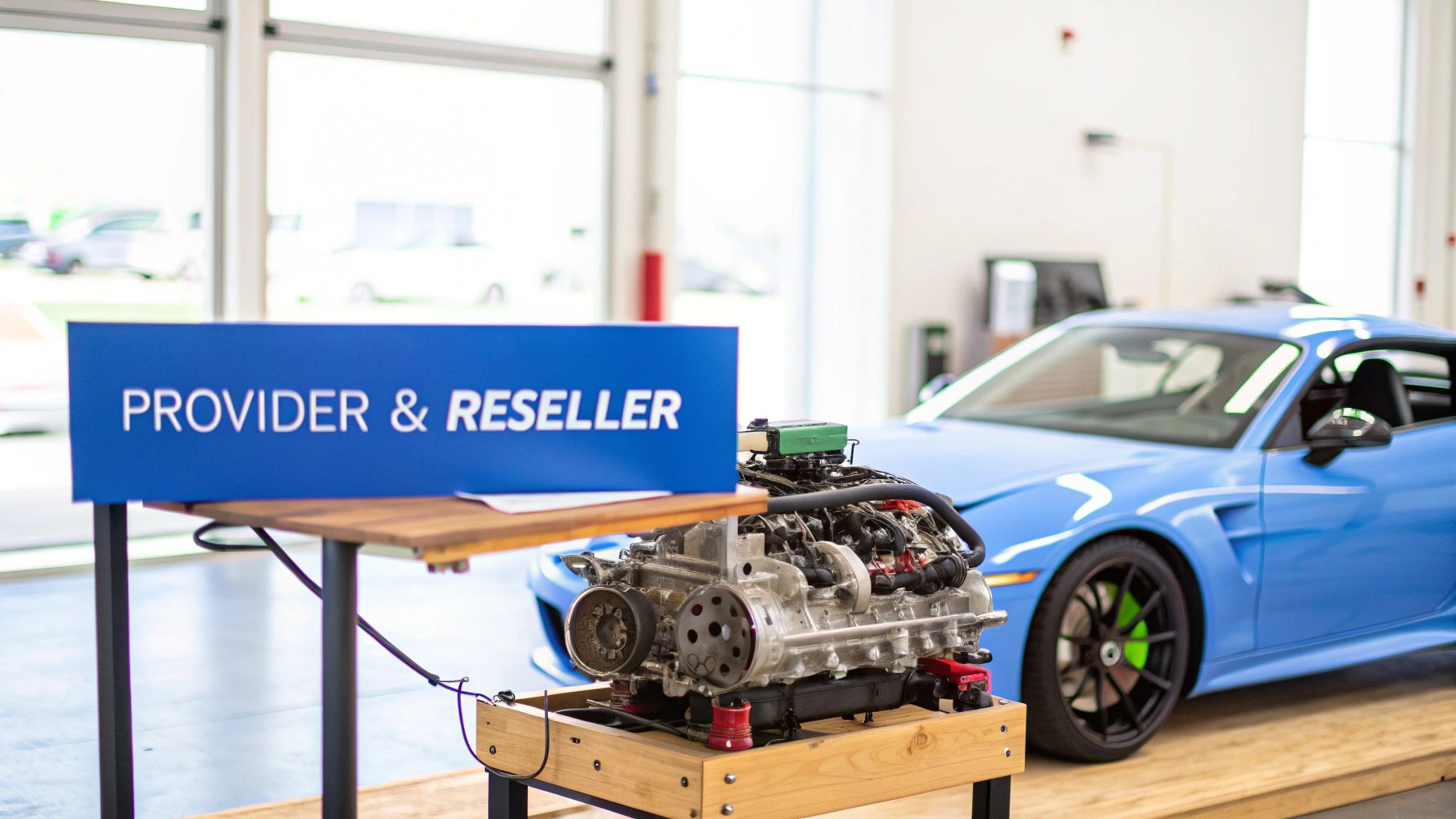 A blue 'PROVIDER & RESELLER' sign, a car engine, and a blue sports car in a modern facility.