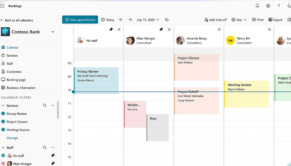 Illustration of Microsoft Bookings staff calendars for Outlook calendar booking