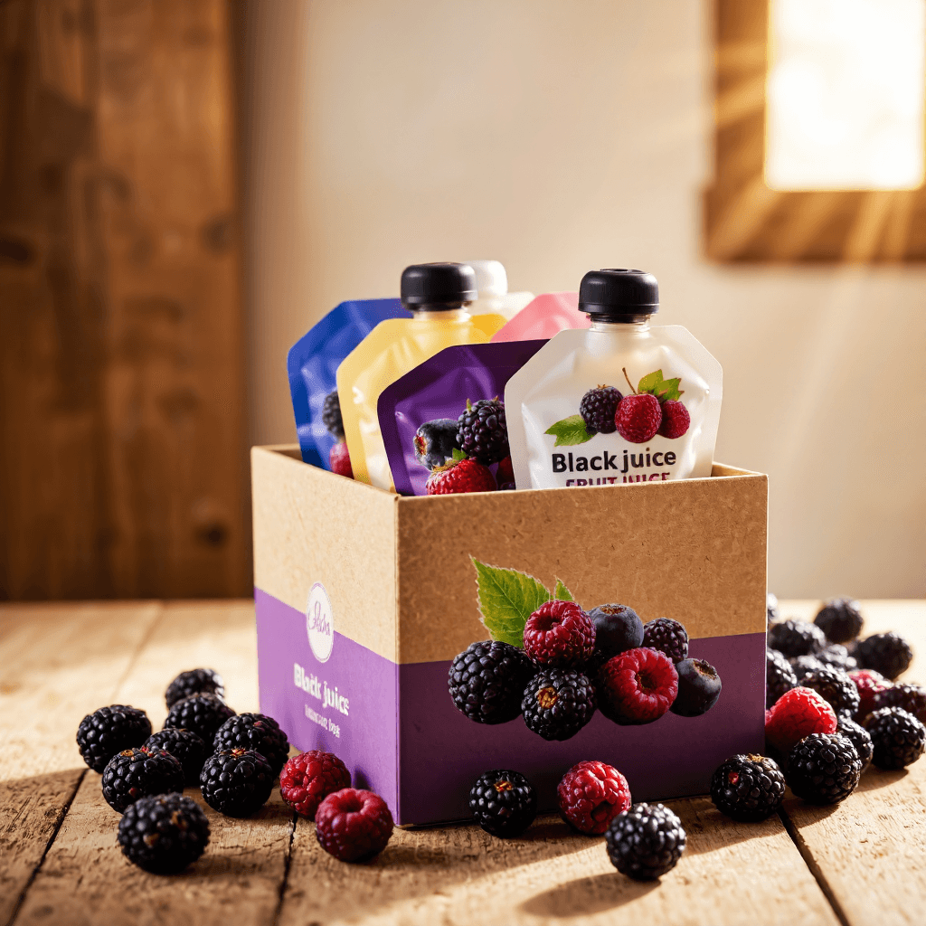 product photography of box of fruit juice mix with pouches