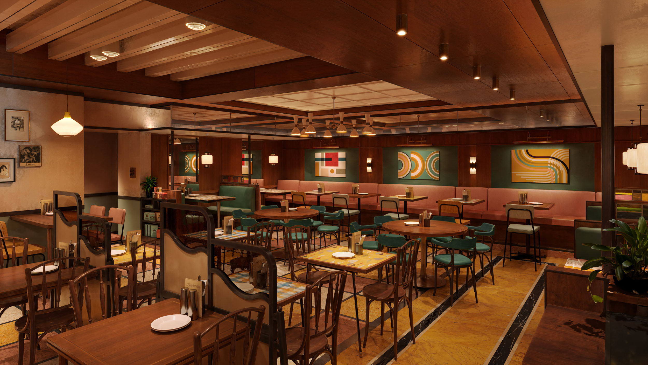 Architectural CGI of a hotel dining room interior.