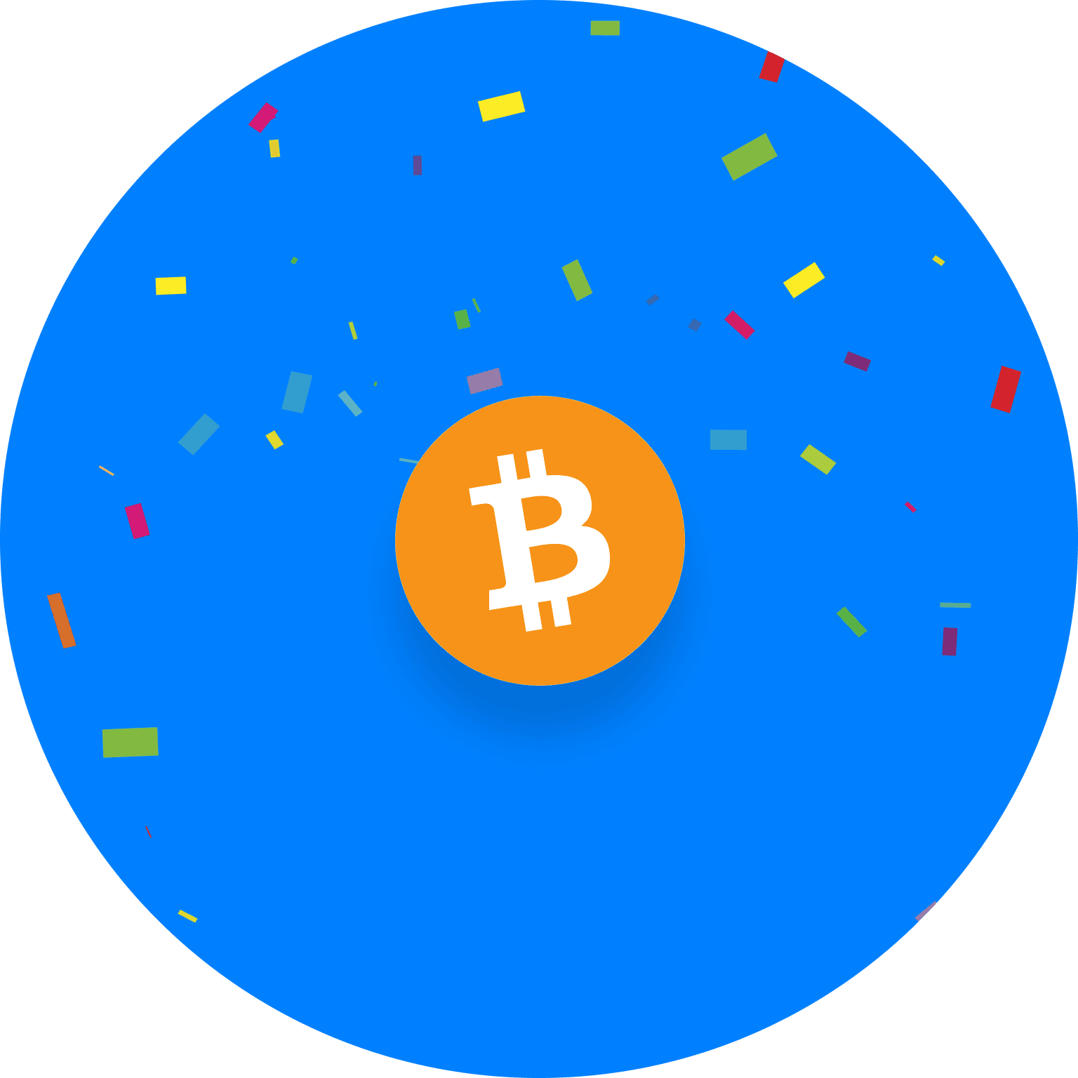 A Bitcoin symbol on a blue background with colorful confetti around it.
