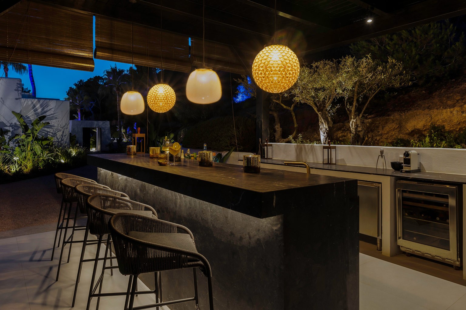 Outdoor bar at an exclusive luxury villa Ibiza—private VIP estate property wedding events holiday retreat