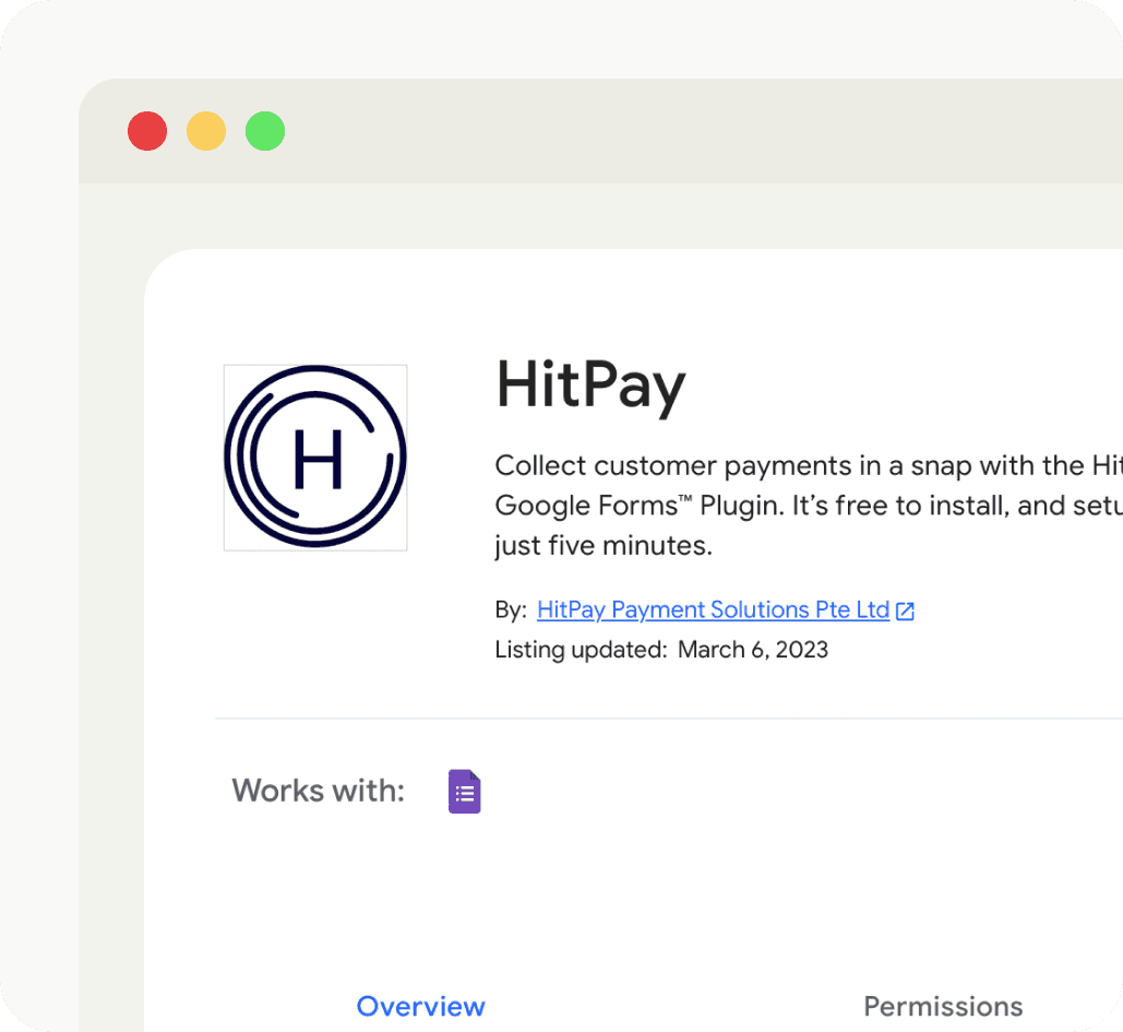 HitPay logo, "H" in a circle, paired with product description and Google Forms icon.