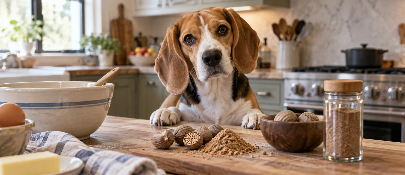 A Beagle watches from a kitchen counter scattered with whole and ground nutmeg.