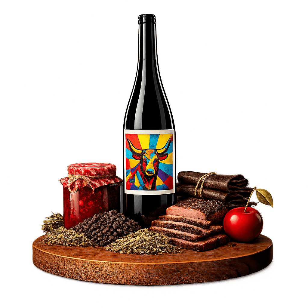 Artistic label and flavor profile for Texas GSM Blend on a rustic wooden table.