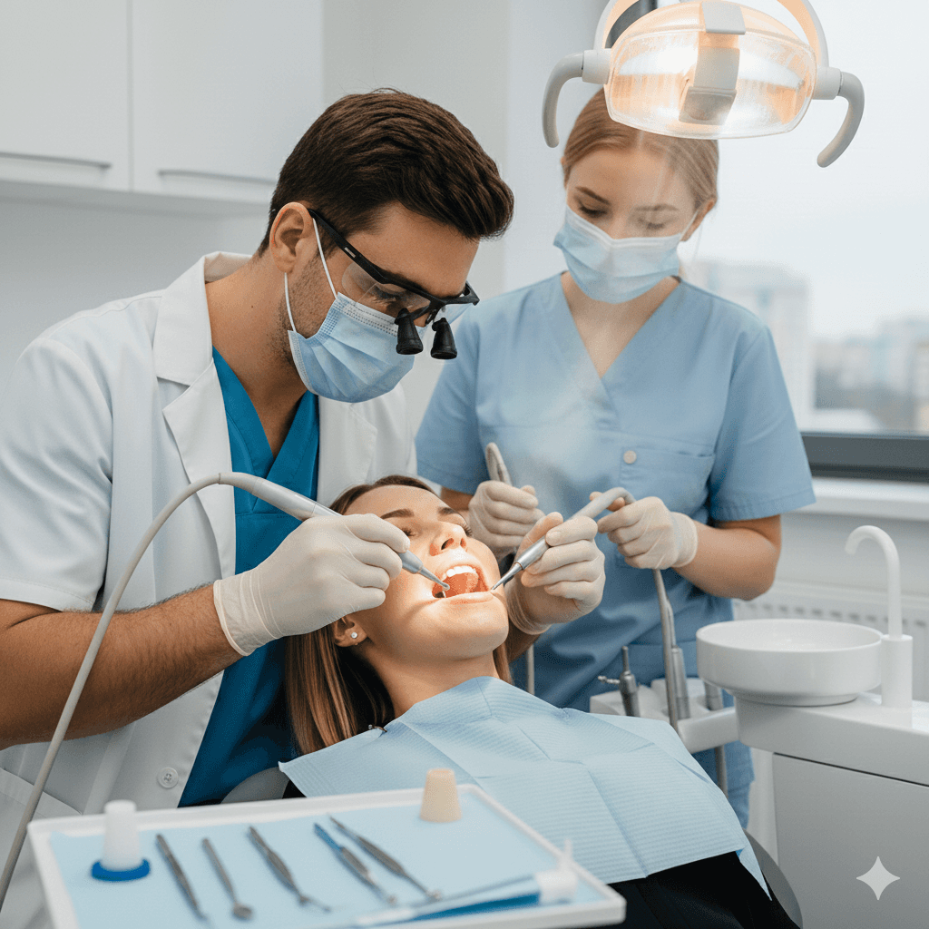A man getting his teeth checked by a dentist