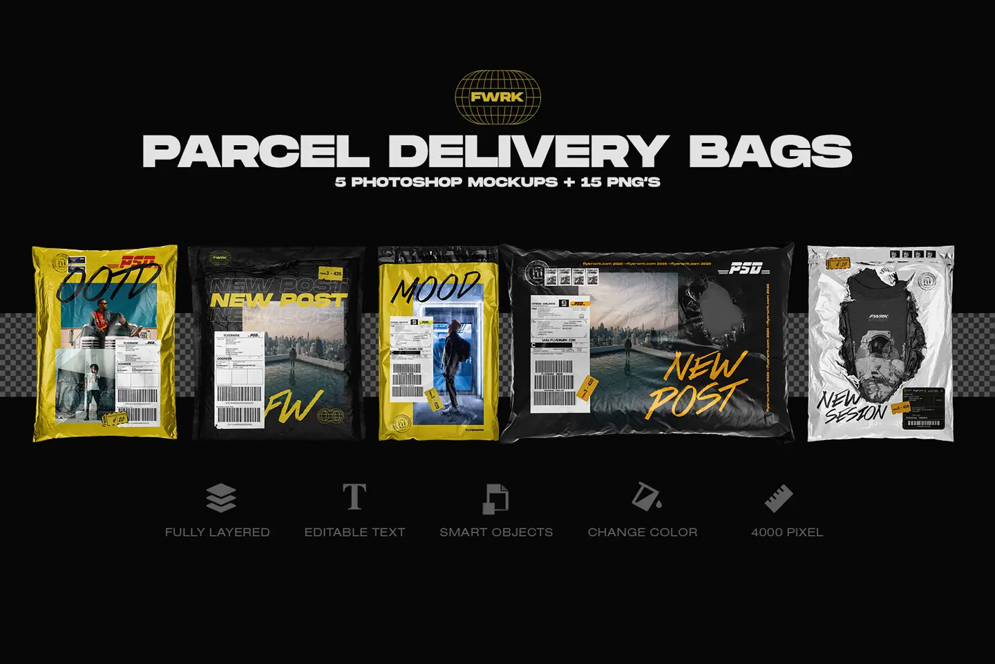 Parcel delivery bag mockups included in delivery packaging bundle for shipping branding