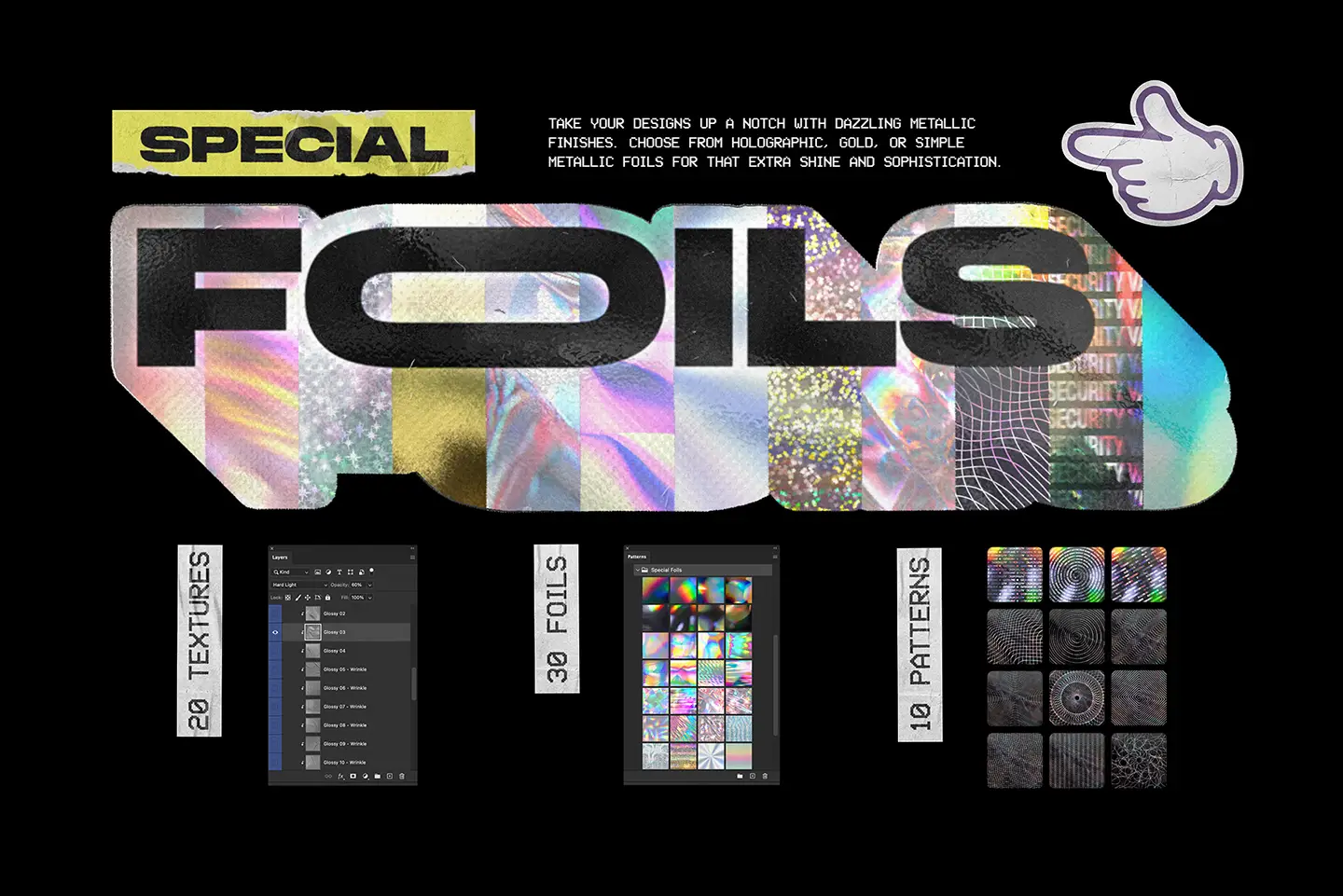 Sticker Labs metallic foil textures including holographic and security sticker patterns