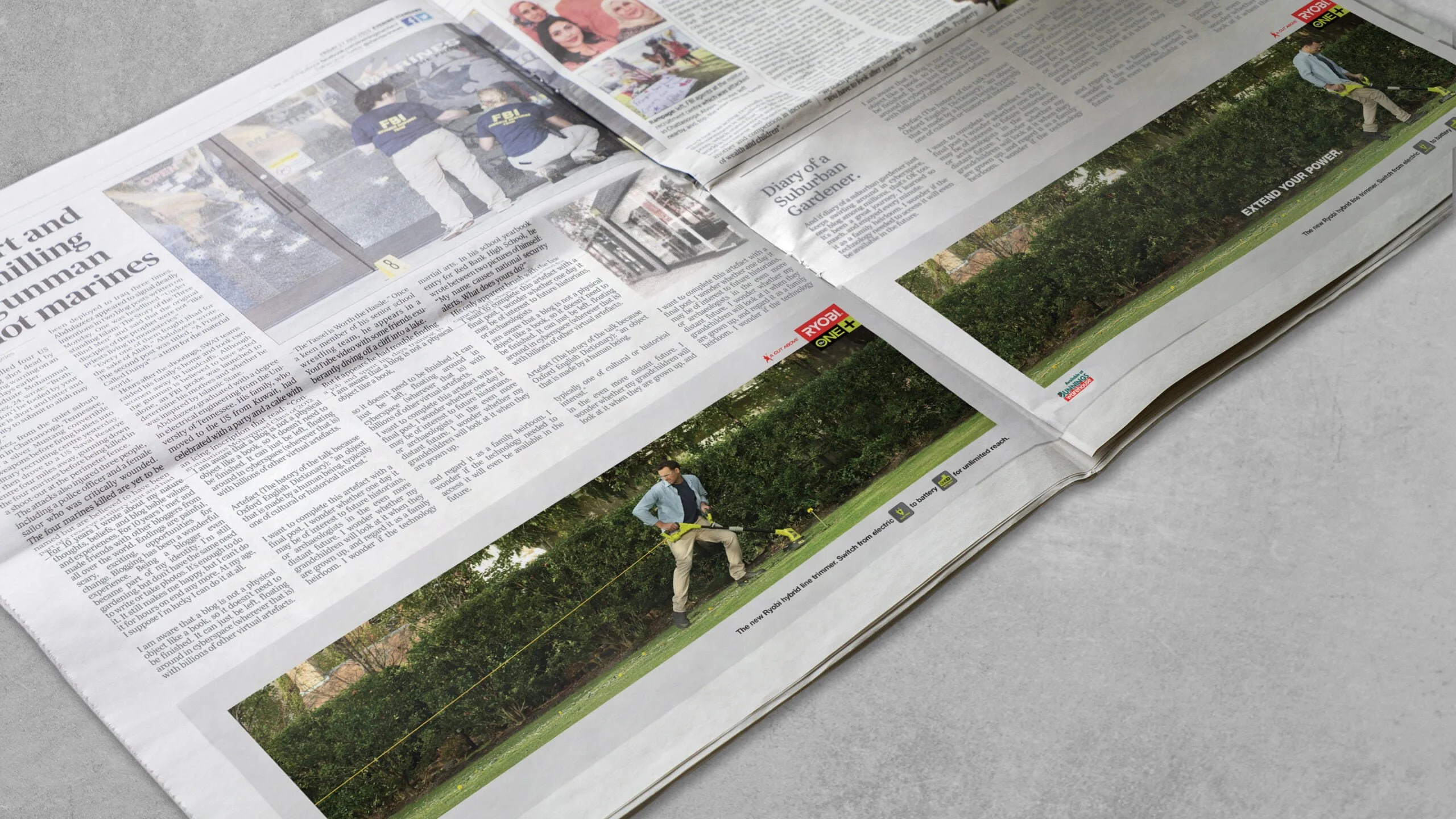 Open newspaper with two Ryobi ads of a man trimming a hedge with a line trimmer, headed 'Extend your power.'