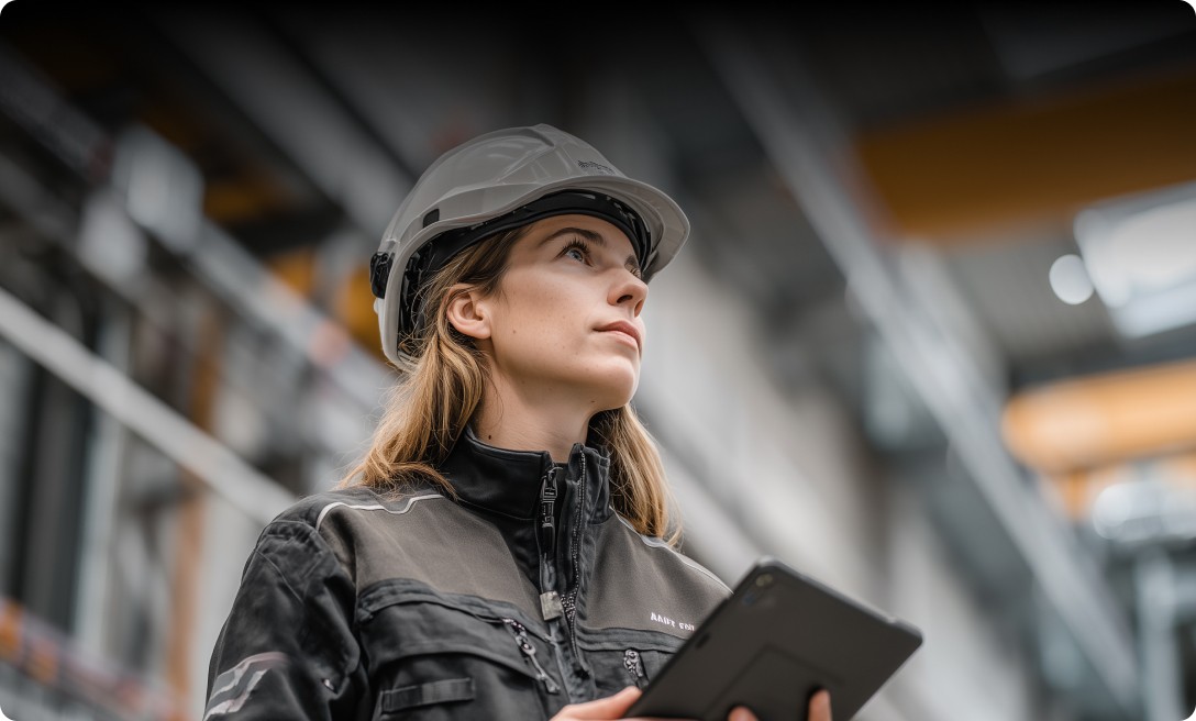 A female engineer or technician wearing a grey hard hat and a dark work jacket looks upward thoughtfully while holding a tablet in a large industrial or warehouse setting.