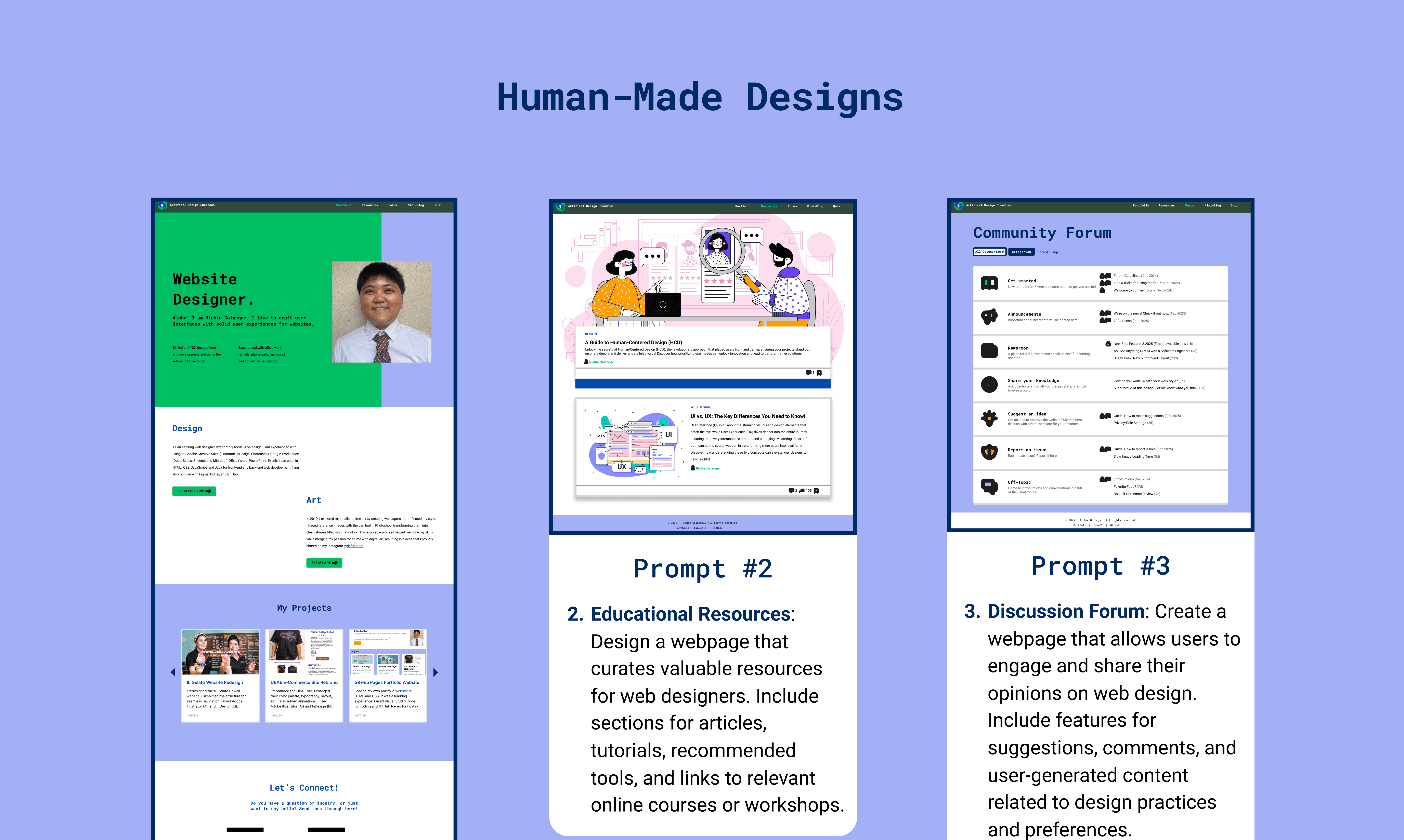 Three screenshots illustrating different web pages related to online services, with headings and content visible.