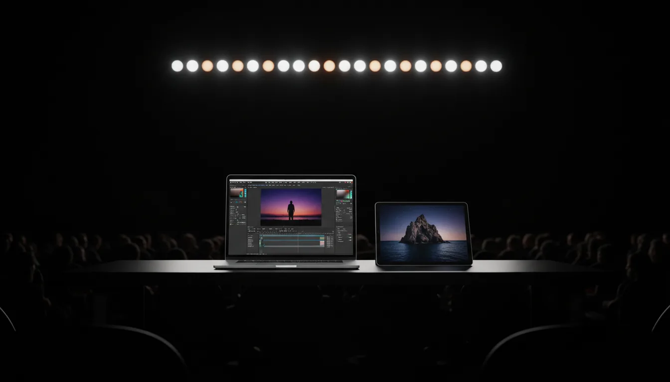 DSLR photograph from an audience perspective of a tech keynote stage. A silver laptop and a tablet are placed side-by-side on a desk. The laptop screen displays a professional video editing software interface in dark mode, featuring color grading panels and a central image of a person's silhouette against a purple sky. The tablet screen shows a high-resolution wallpaper of a rocky, dark island in the ocean at night. The scene has cinematic contrast, with the bright screens providing the main illumination against a pitch-black auditorium background, where a row of bright, out-of-focus circular stage lights is visible at the top. The dark silhouettes of an audience are slightly visible in the foreground.