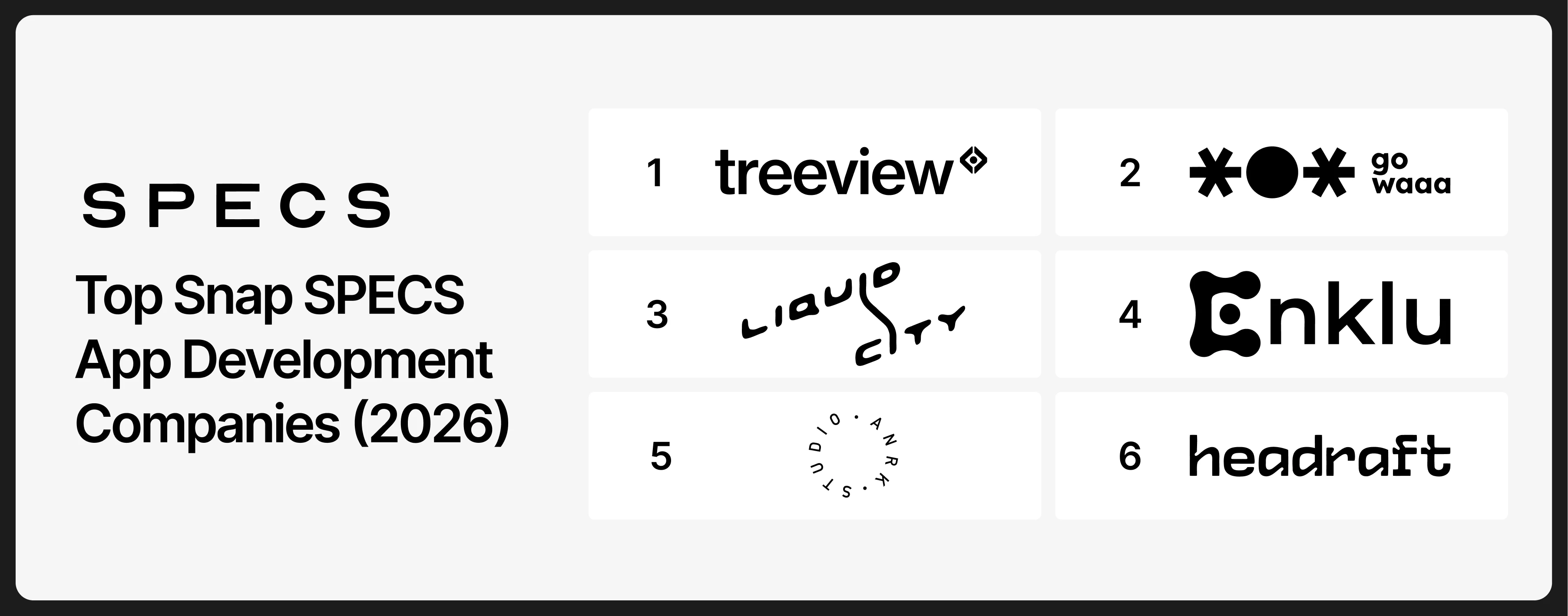 Ranked list of the top Snap SPECS app development companies in 2026: 1. Treeview, 2. Gowaaa, 3. Liquid City, 4. Enklu, 5. Studio ANRK, 6. Headraft.
