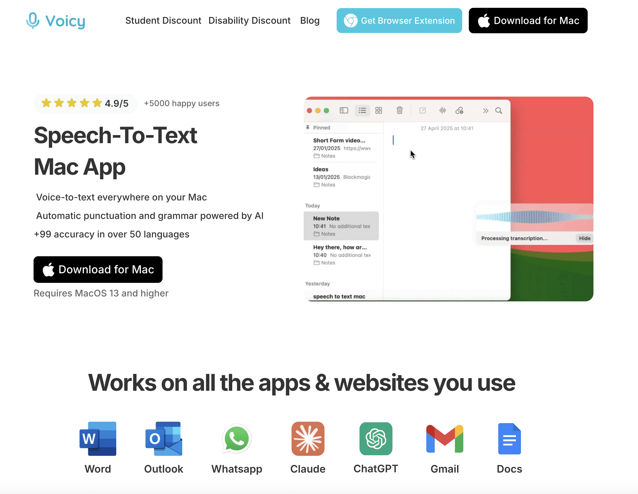 Voicy speech to text mac app homepage screenshot