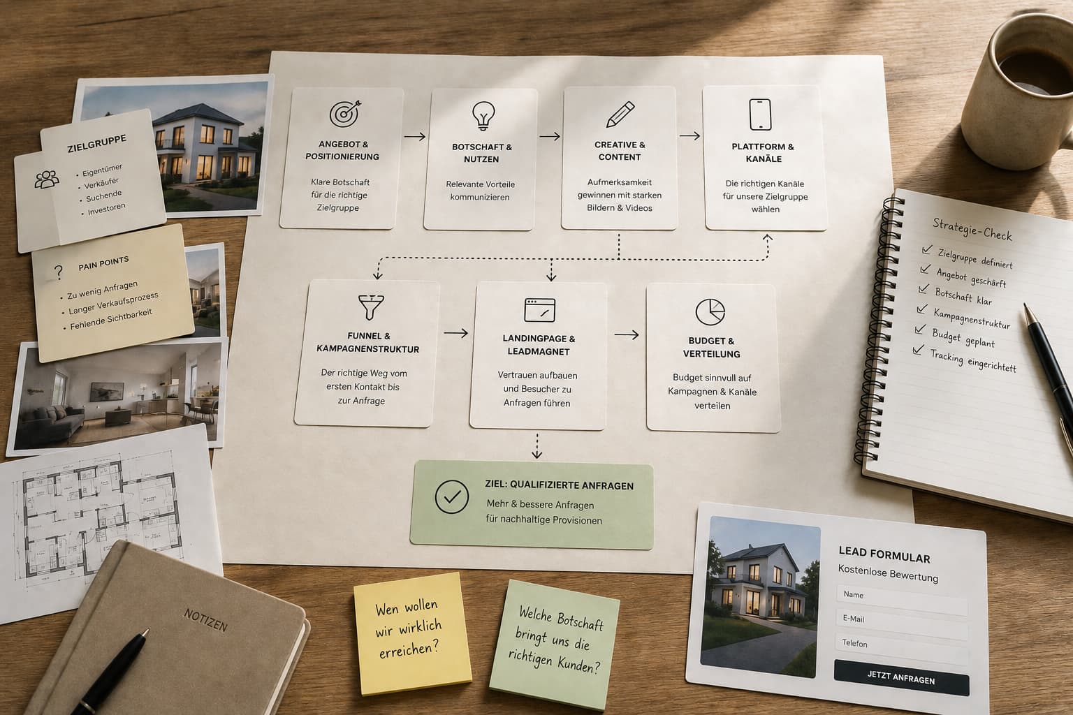 Grafische Darstellung einer Social Media Strategie mit Content Strategie, Zielgruppenanalyse, Markenpositionierung und Kanalstrategie. Das Bild steht für strategische Planung und professionelle Social Media Betreuung durch Reelzz.