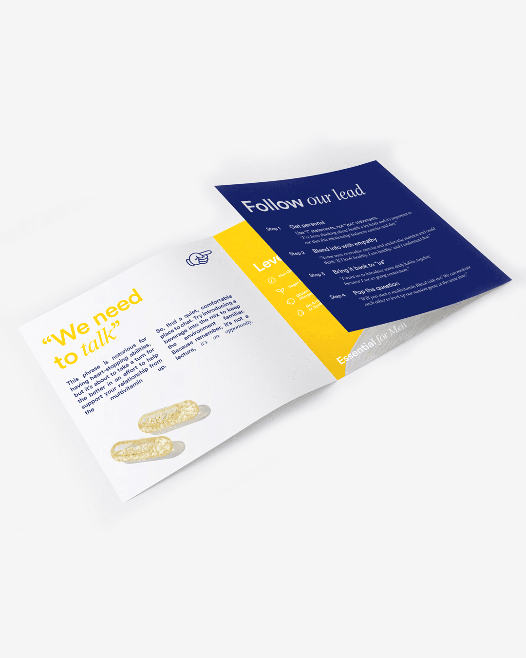 A hand holding Ritual vitamin capsules next to an inforgraphic showing various value props of the product.