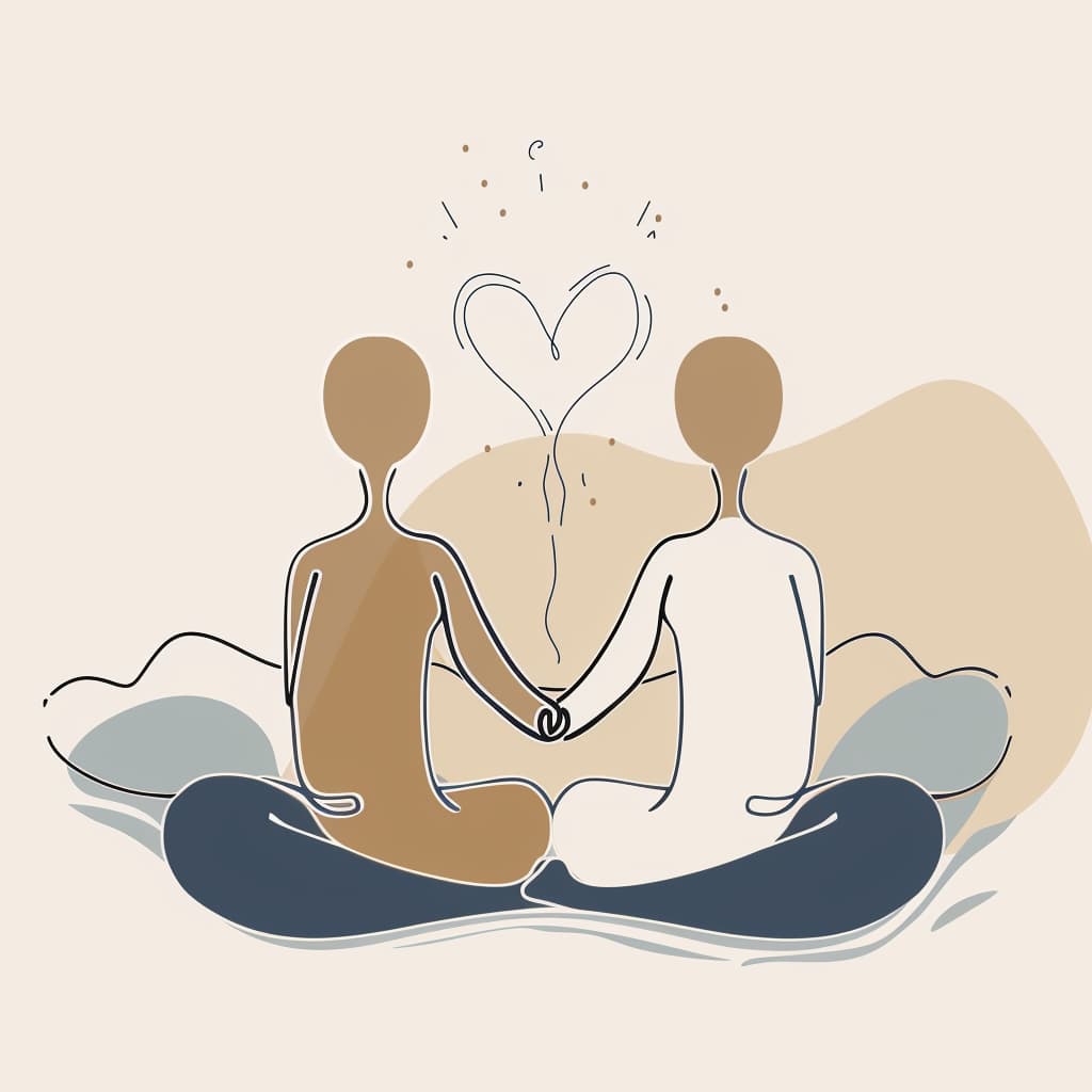 Zwei Menschen in Lotosstellung halten Händchen, Herz über ihnen, Illustration