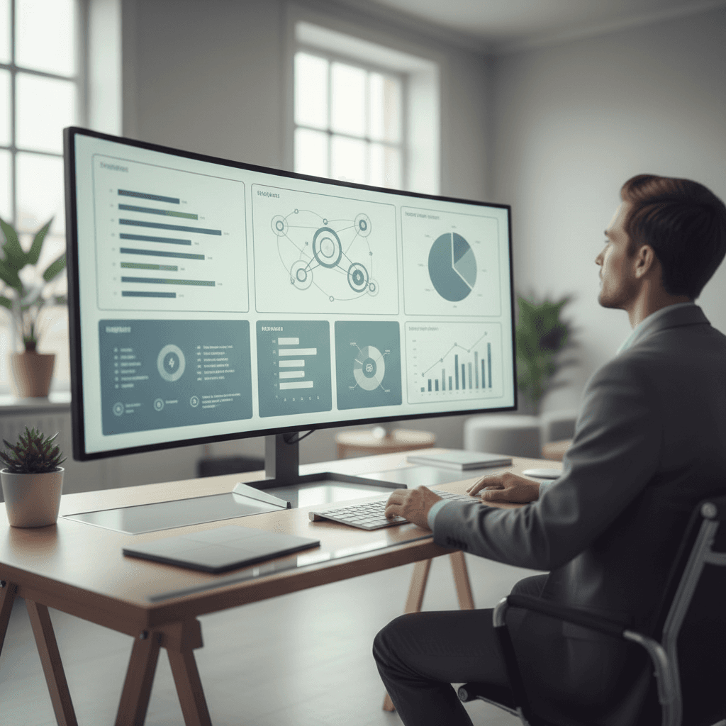 Large computer display showing an abstract business dashboard that unifies data from multiple systems.