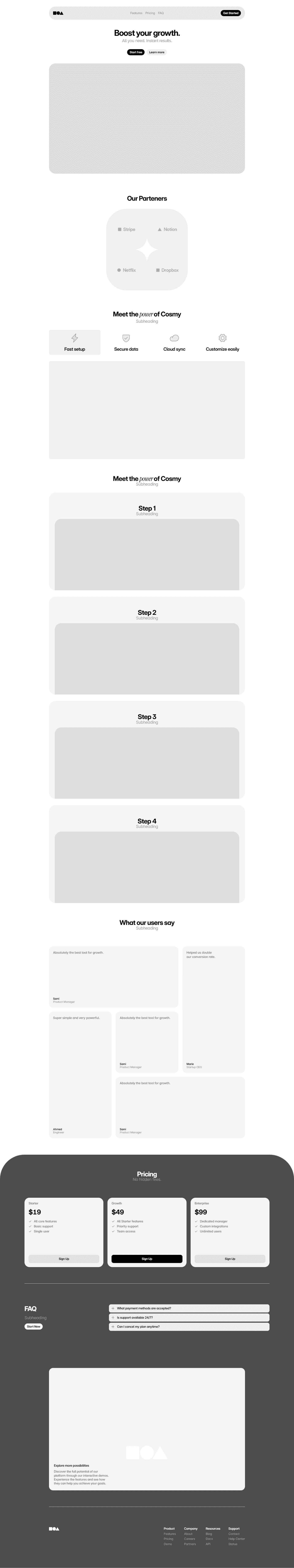 Wireframe du site de Cosmy développé par Ilies MANATA, Développeur Expert Framer & Ux / Ui Designer, Freelance, Nord
