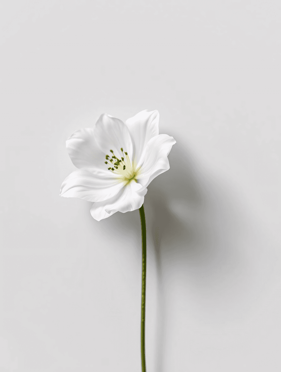 Single white flower on a green stem against a soft grey background