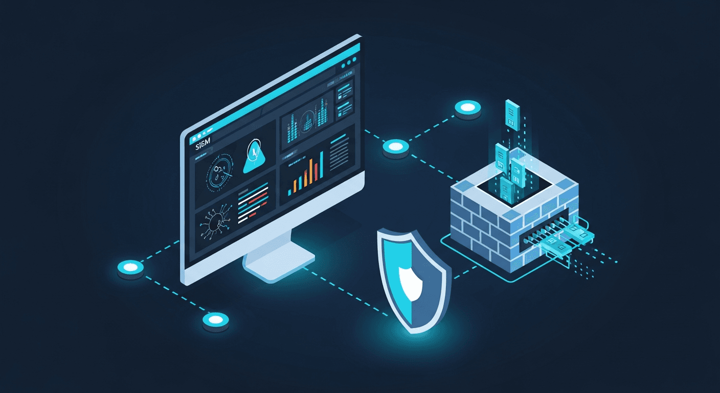 A clean, modern illustration showing cybersecurity technical tools and concepts: a computer monitor displaying a SIEM dashboard with security alerts and logs, network firewall icon with data packets flowing through it, a shield symbol representing endpoint protection, and interconnected nodes representing network infrastructure. Dark blue and cyan color scheme with glowing elements, professional tech aesthetic, isometric or flat design style, no text or labels.