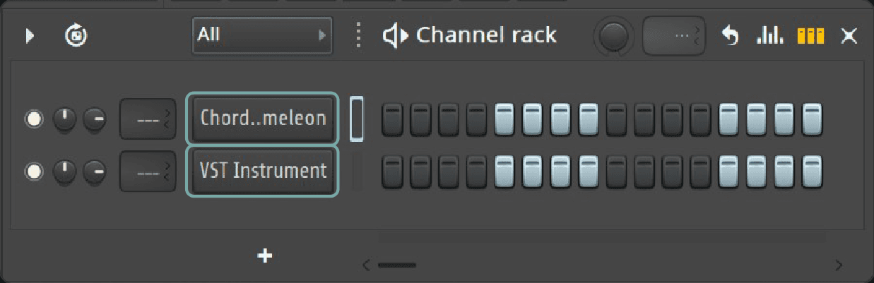 FL Studio Channel rack with two channels. The Chord Chameleon (label truncated in the screenshot) and VST Instrument channel buttons are outlined in teal. Numbered marker 1 matches step 1.