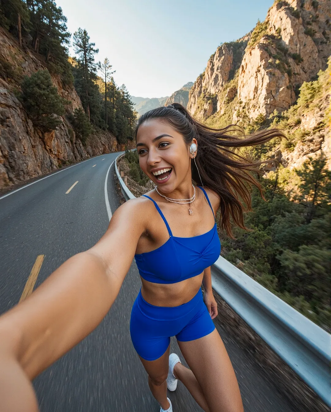 Scenic mountain road view with vibrant blue athleisure outfit, showcasing dynamic outdoor photography in a stunning landscape