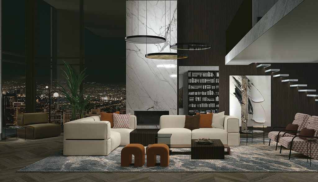 elegant living room with componibile sofa and urban landscape