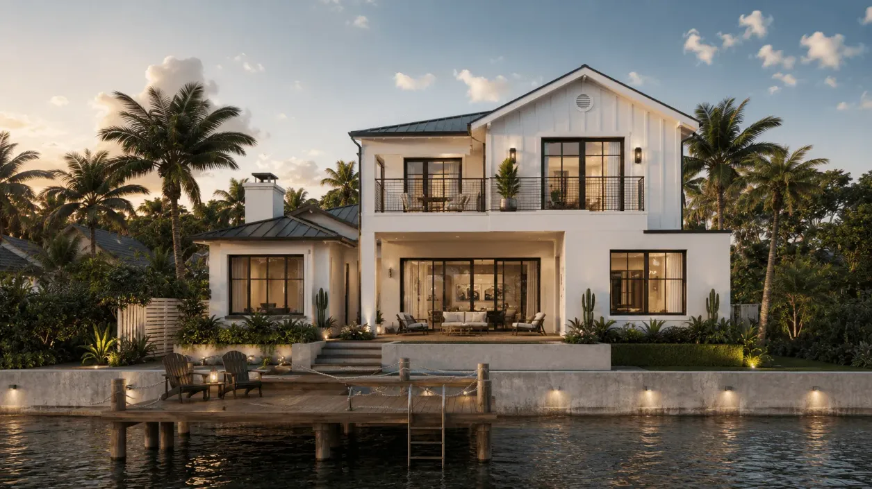 A luxurious, contemporary waterfront house with large windows and a spacious balcony, surrounded by lush palm trees and fronted by a wooden dock, reflecting the serene evening ambiance.