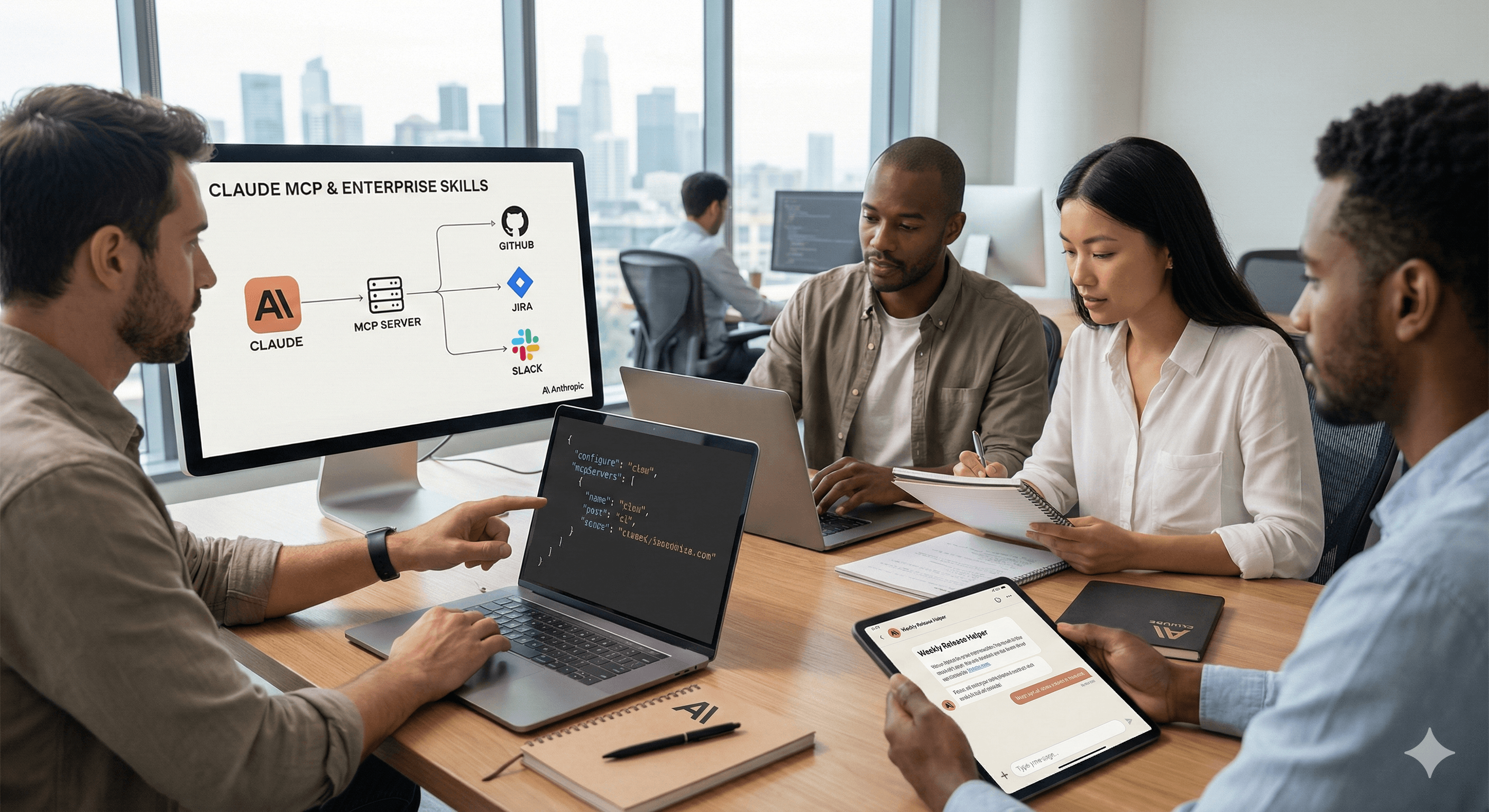 In a modern office setting, four professionals engage in a collaborative meeting, with laptops and tablets displaying a Claude MCP presentation on digital screens, set against a backdrop of a cityscape visible through large windows.