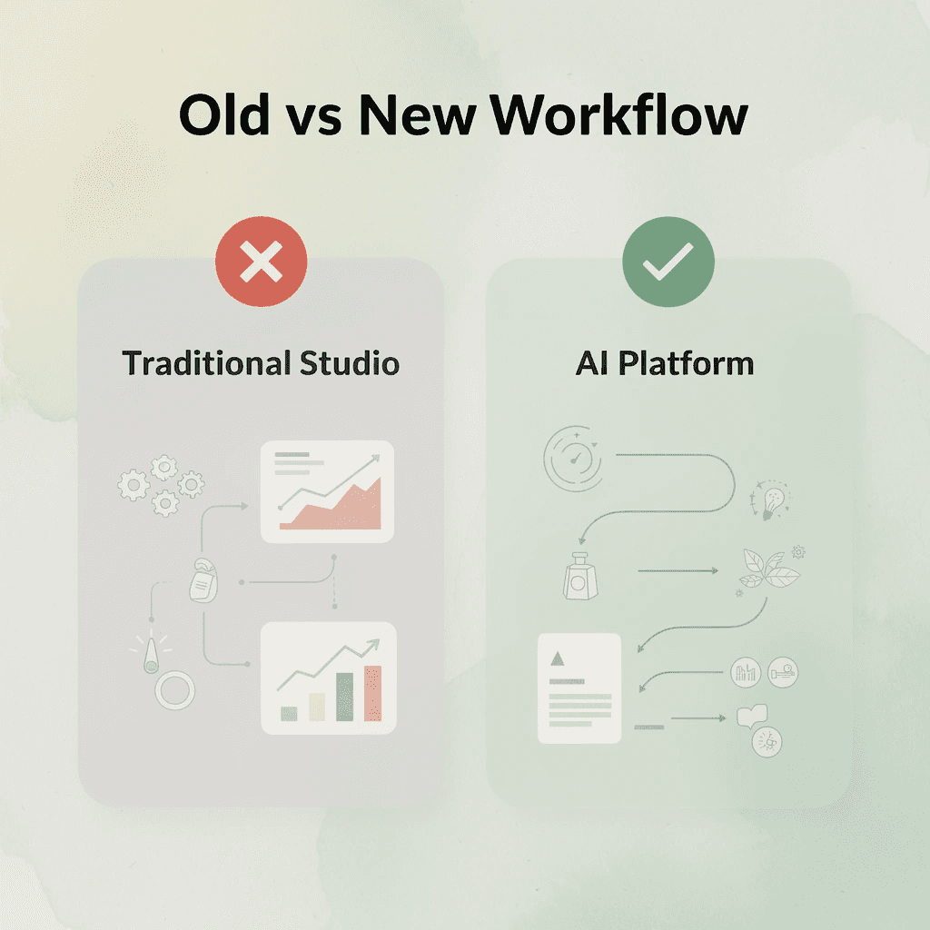 Before and after comparison of traditional studio workflow versus AI platform