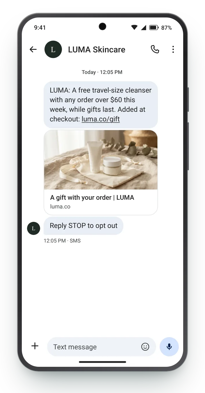 Gift with purchase promotional SMS on an Android phone
