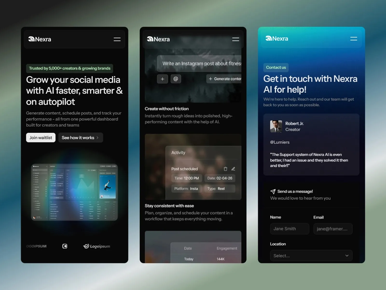 Three panels showcasing Nexra AI's social media management features.