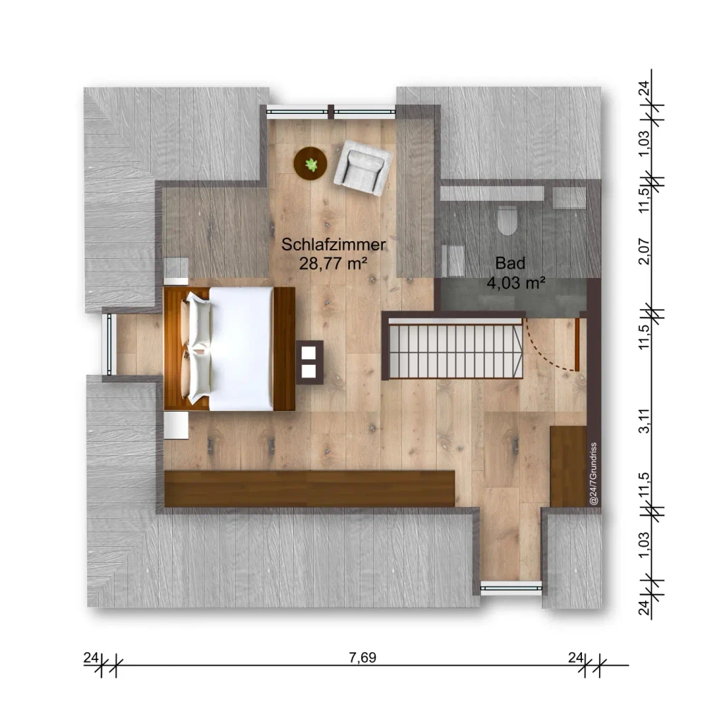 Gemütliches Dachgeschosszimmer mit Fernseher, Sitzbereich und heller Einrichtung in einem Einfamilienhaus in Gronau – Westfalen Wohnen.