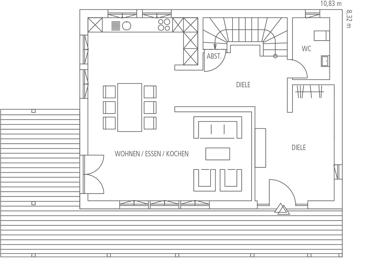 Grundriss einer Wohnung mit Küche, Ess-, Wohnbereich, Diele, WC und Treppenhaus.
