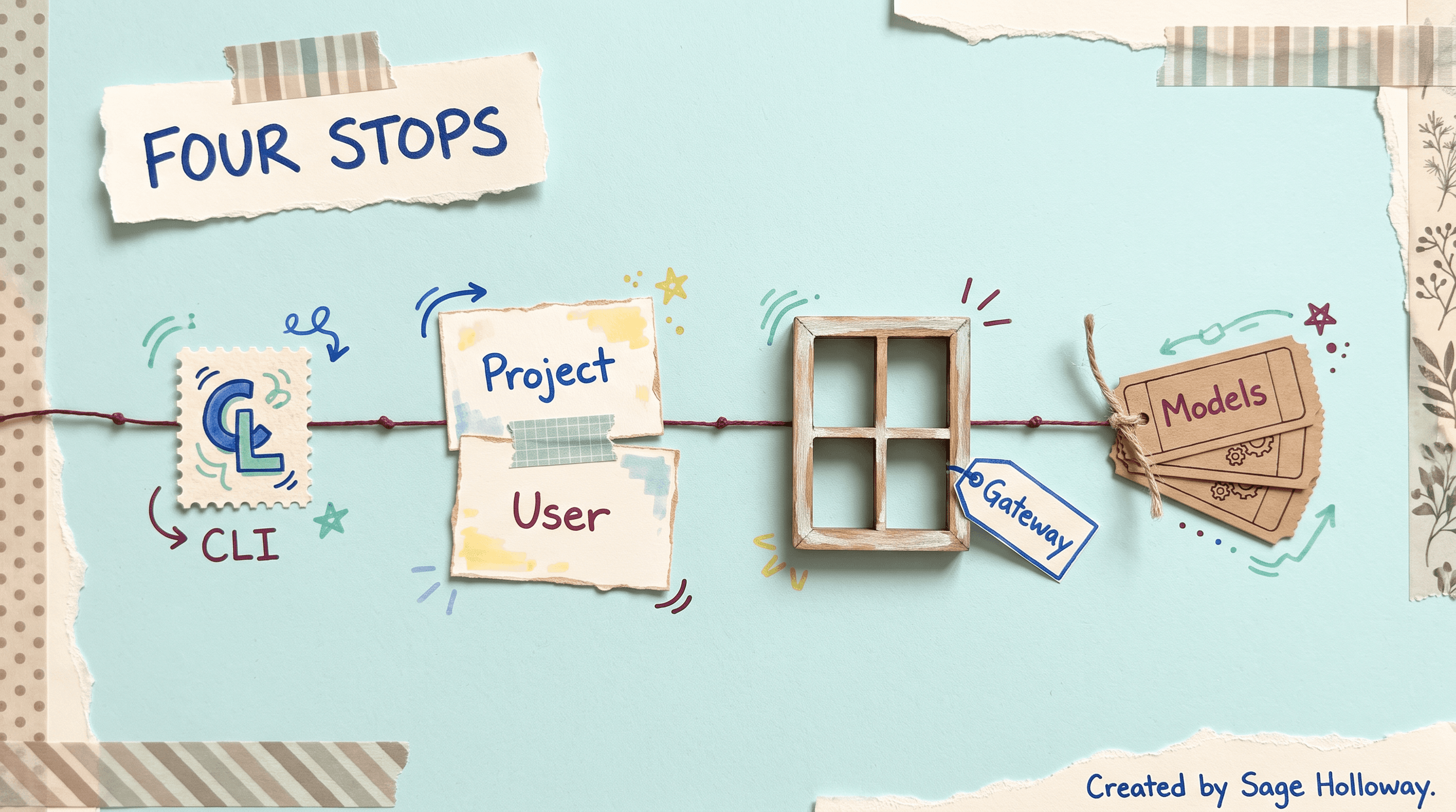 Scrapbook diagram of Claude Code routing through project or user settings into the OpenRouter gateway then to models