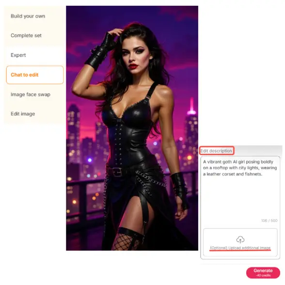 A sexy goth AI girl in a black leather corset and dark makeup standing under neon lights