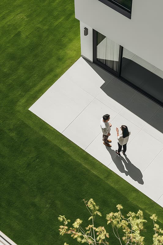 Clients discussing outdoor project near modern house, initial landscaping consultation