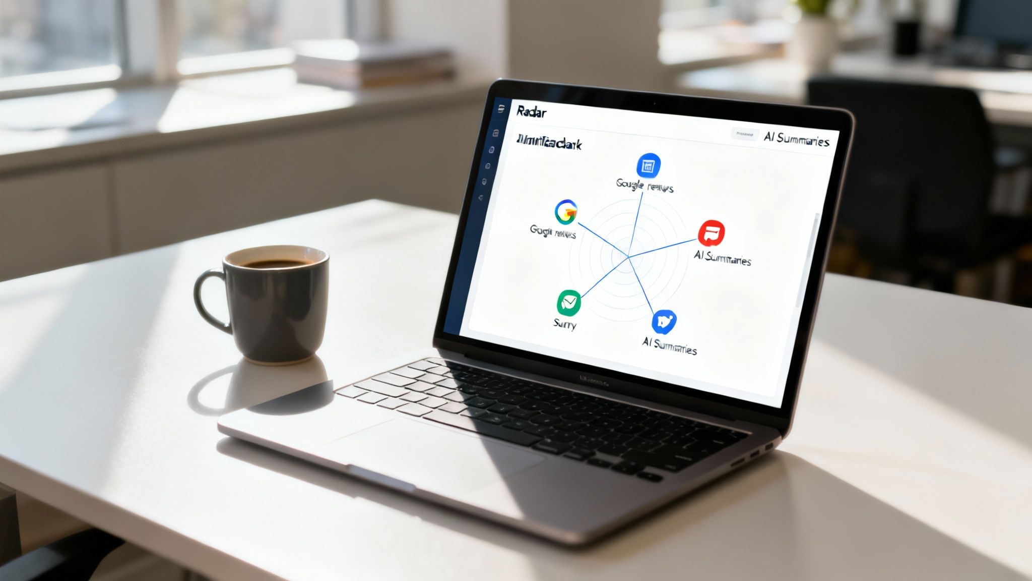 A laptop displaying a 'Radar' feedback analysis tool with a coffee cup on a sunny desk.