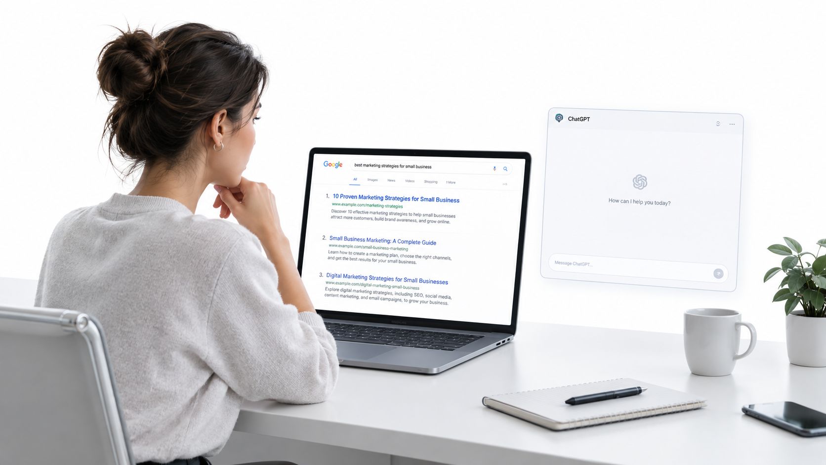 A woman working on a laptop with Google search results alongside a ChatGPT interface on her desk.