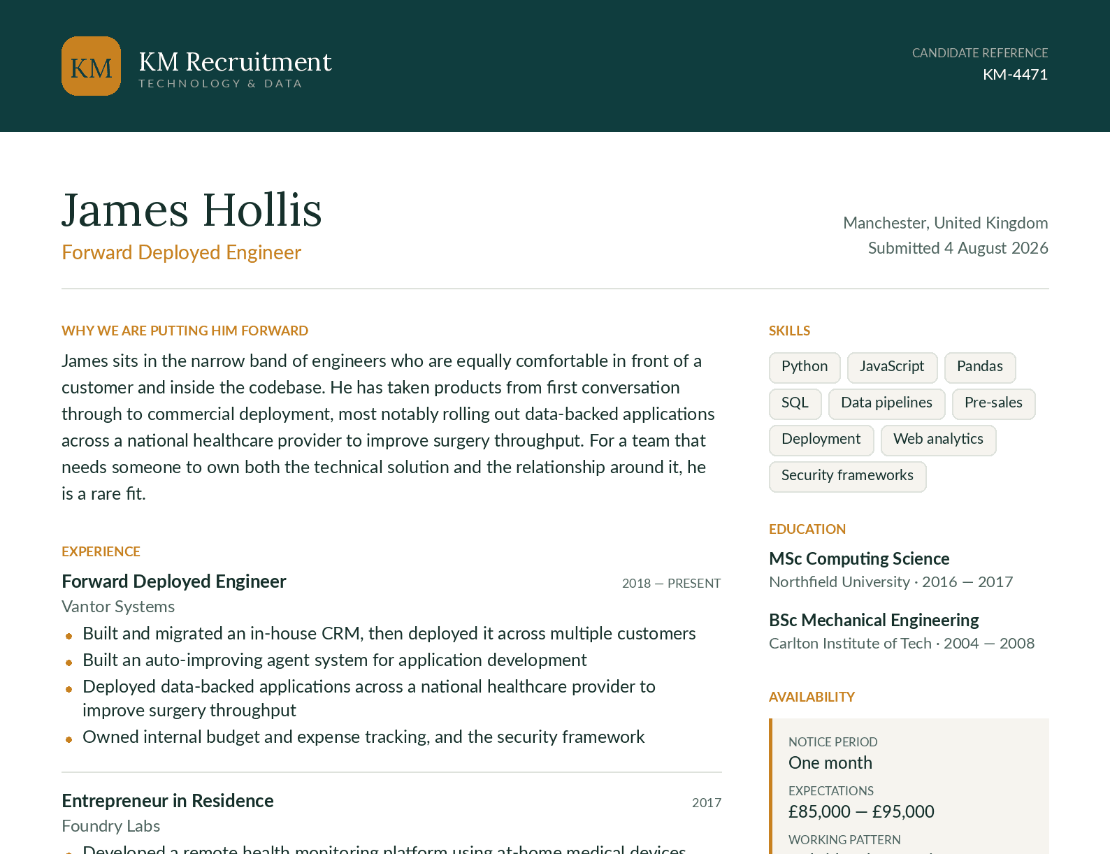 The same CV in the agency's branded template